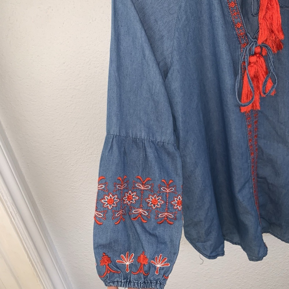 Women Embroidered Tunic Top Orange Tassel Boho Peasant‎ Long Sleeve - Picture 4 of 8